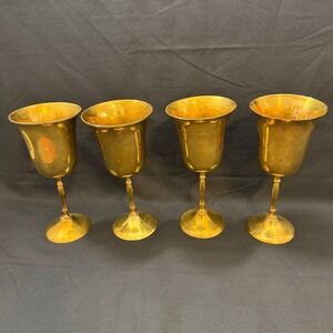 Vintage Solid Brass Goblets Set of 4 Made in India Wine Water Chalice Gold Tone